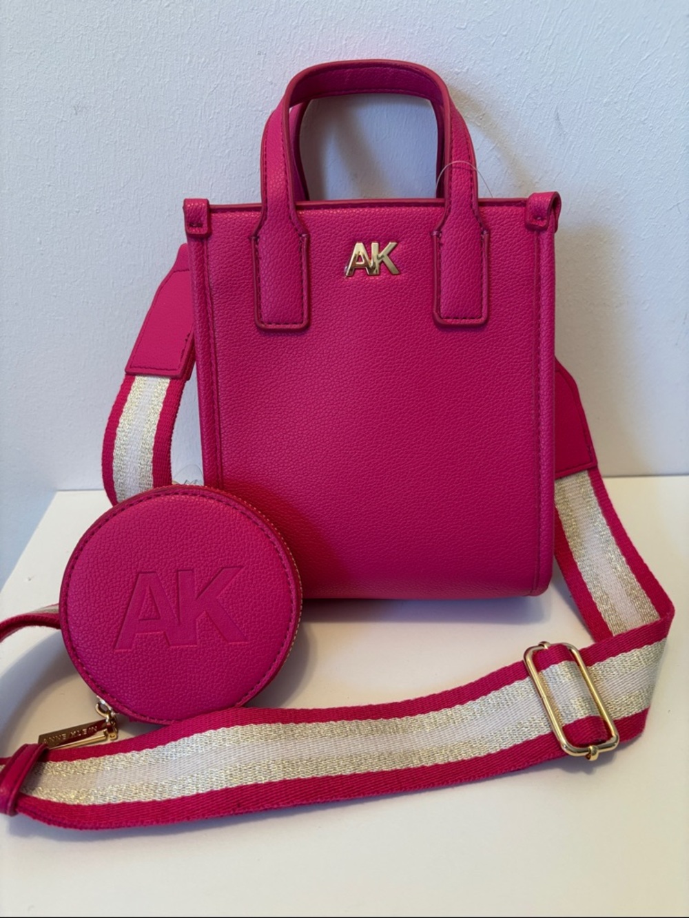 Anne Klein Hot Pink Leather Crossbody Bag with Striped Strap - Picture 2 of 9
